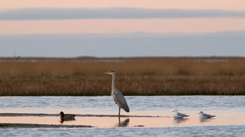 Gray heron standing in shallow water at sunset near reeds with ducks and gulls nearby