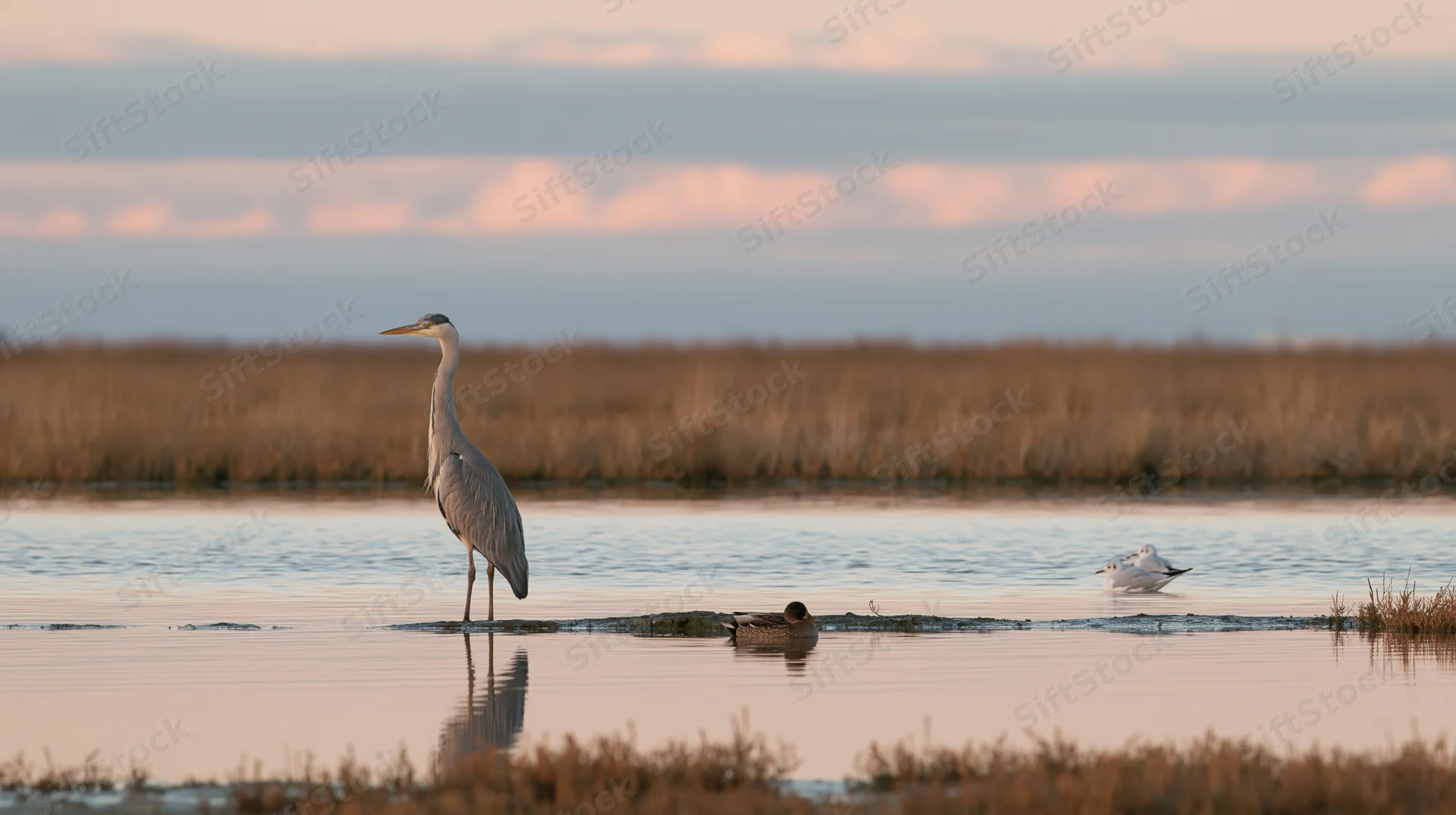 Great blue heron standing in shallow water at dusk in a marshy wetland