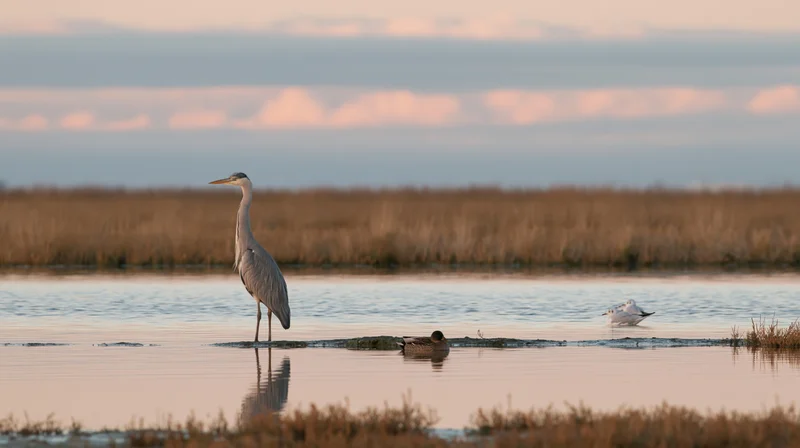 Great blue heron standing in shallow water at dusk in a marshy wetland