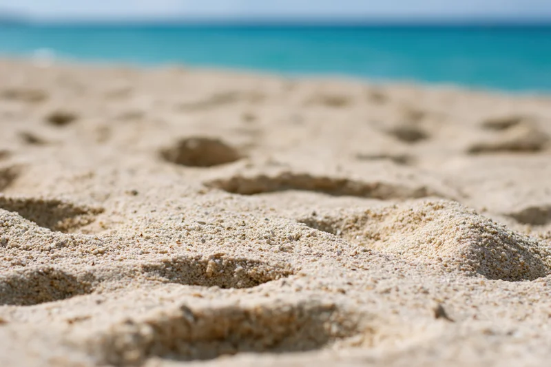 Footprints in the sand along a turquoise ocean shoreline