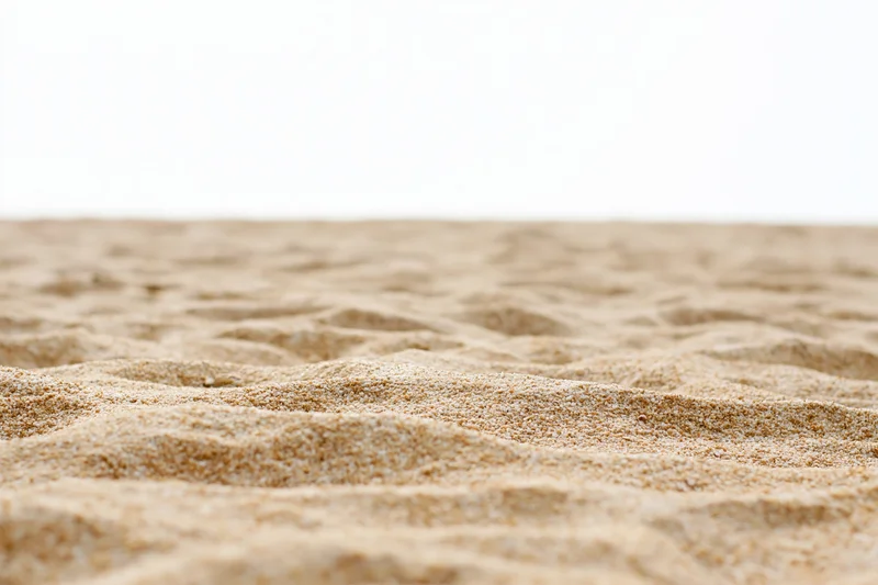 Closeup of textured sand surface with ripples and granular detail against white background