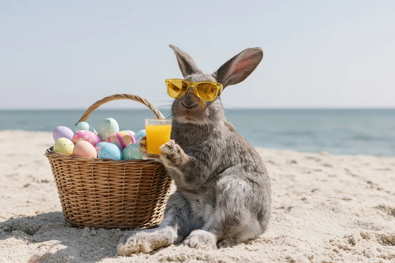 Rabbit wearing sunglasses holding orange juice beside a basket of decorated eggs on sandy beach near ocean