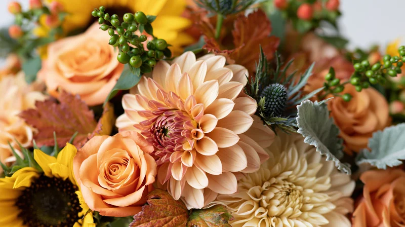 Closeup of a floral bouquet with dahlias, roses, sunflowers and greenery arranged in warm autumn tones