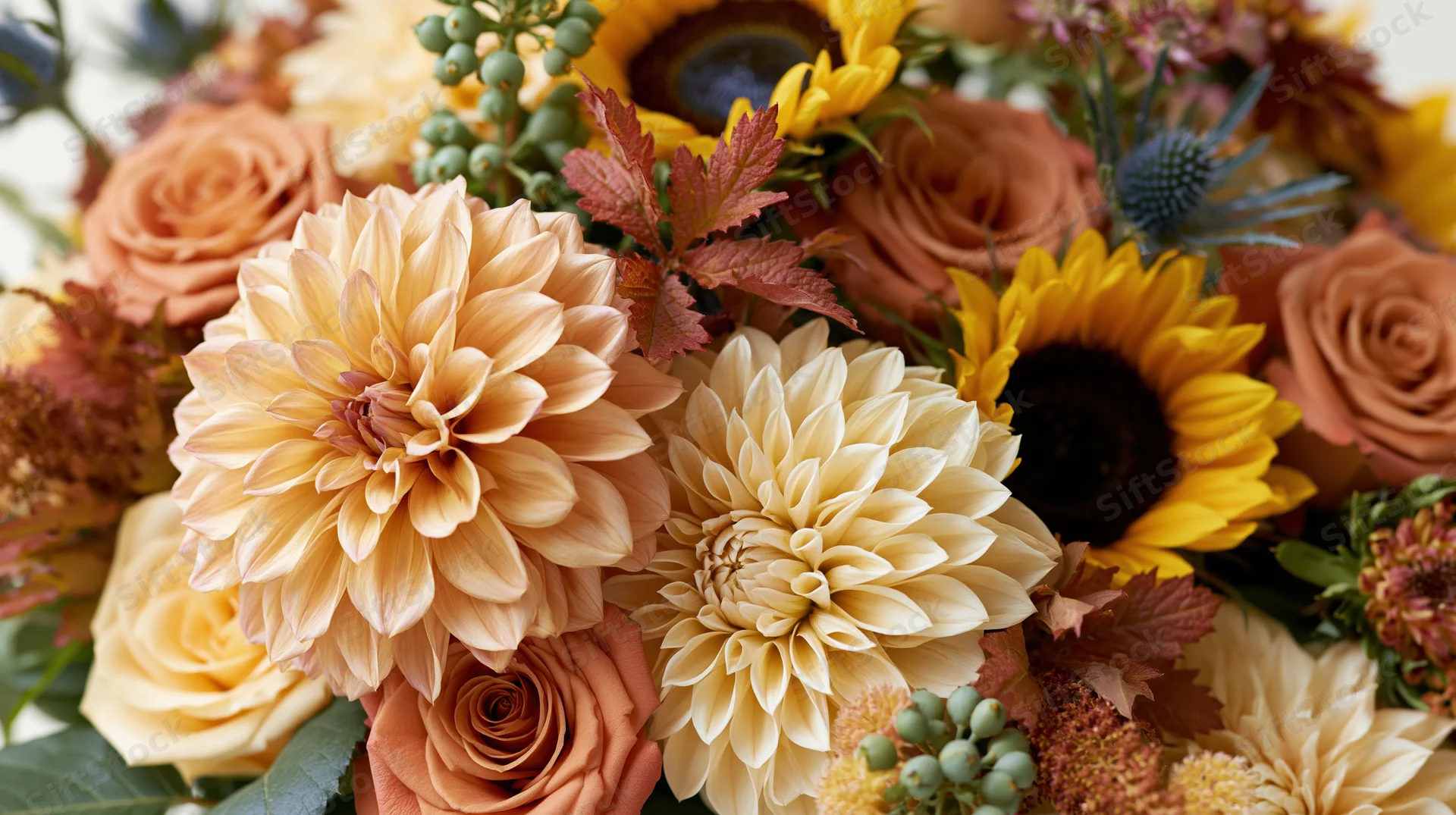 Close-up of a floral bouquet with dahlias, roses, sunflowers and thistles arranged for autumn decoration