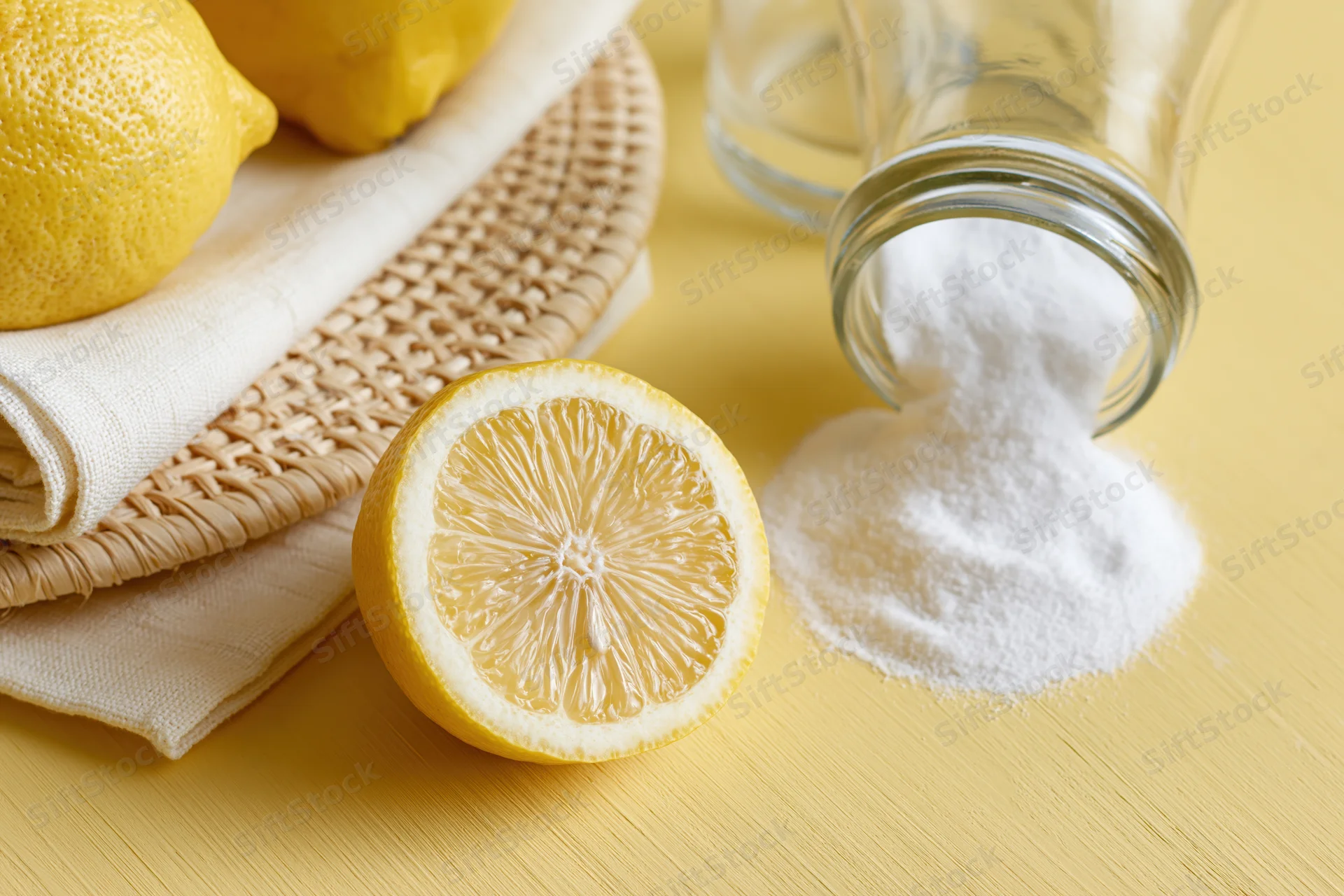 Sliced lemon and spilled baking soda on a yellow table with cloth and woven mat
