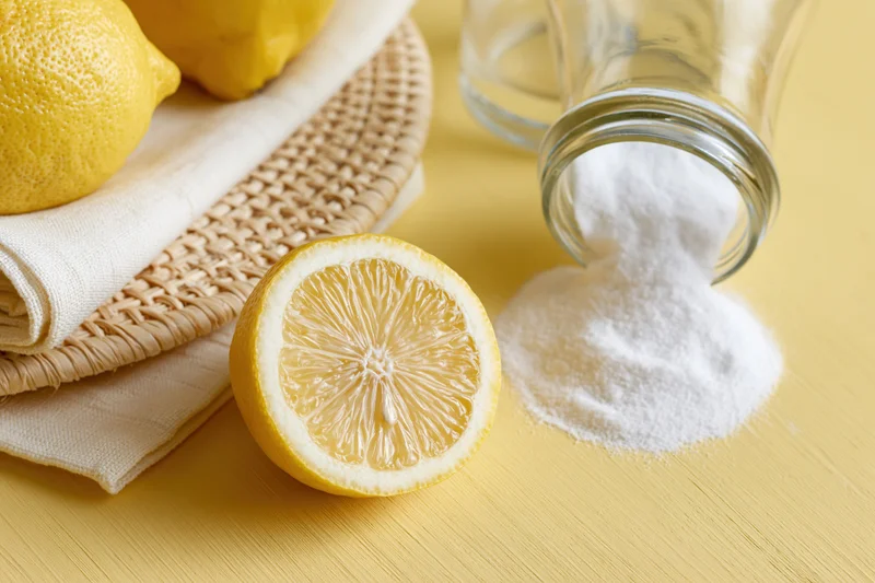 Sliced lemon and spilled baking soda on a yellow table with cloth and woven mat
