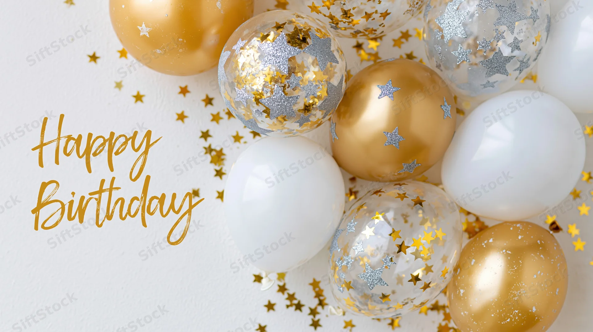 Gold and white balloons with star confetti and happy birthday text on white surface