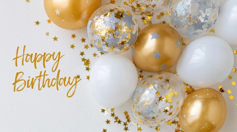 Gold and white balloons with star confetti and happy birthday text on white surface