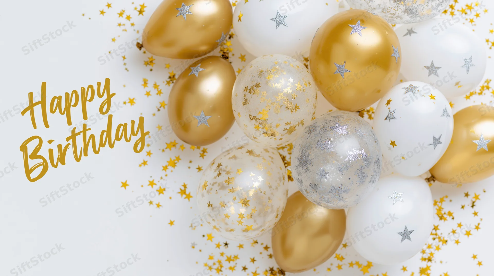 Golden and white balloons with star confetti and happy birthday text on white background