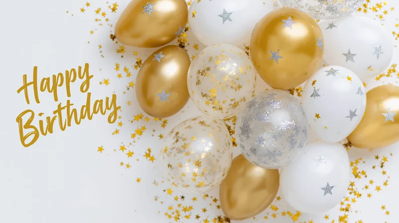 Golden and white balloons with star confetti and happy birthday text on white background