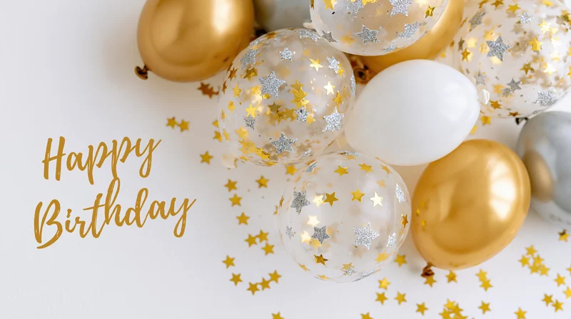 Gold and white balloons with star confetti and happy birthday text on white surface
