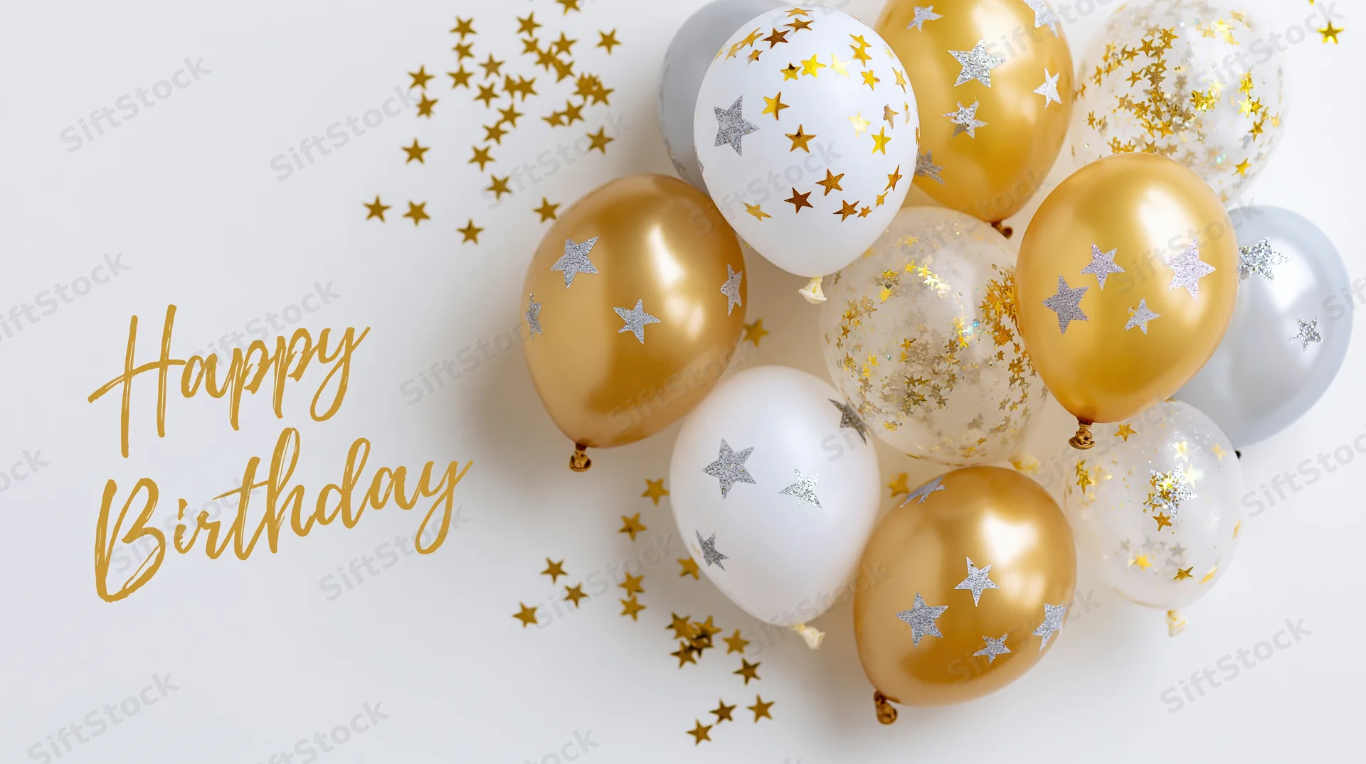 Golden and white balloons with star confetti and happy birthday text on white background