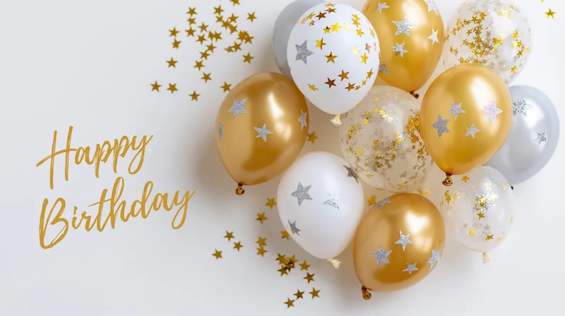 Golden and white balloons with star confetti and happy birthday text on white background