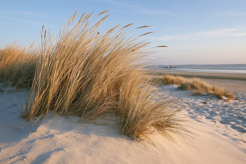 Windblown beach grass growing on a sand dune by the ocean under clear blue sky