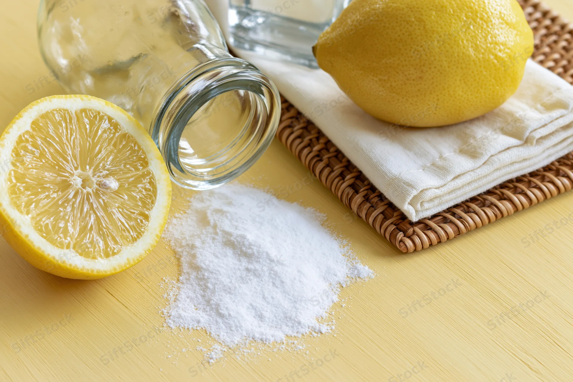 Lemon half and baking soda powder on wooden table with glass jar and cloth mat