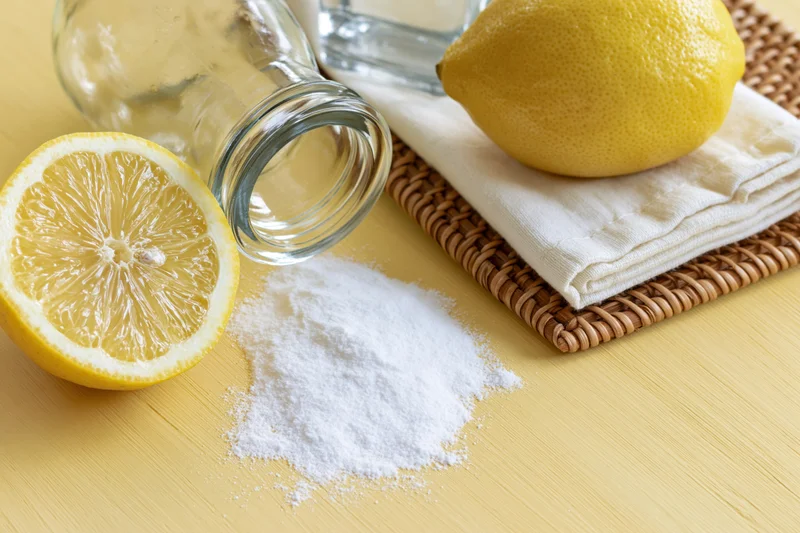 Lemon half and baking soda powder on wooden table with glass jar and cloth mat