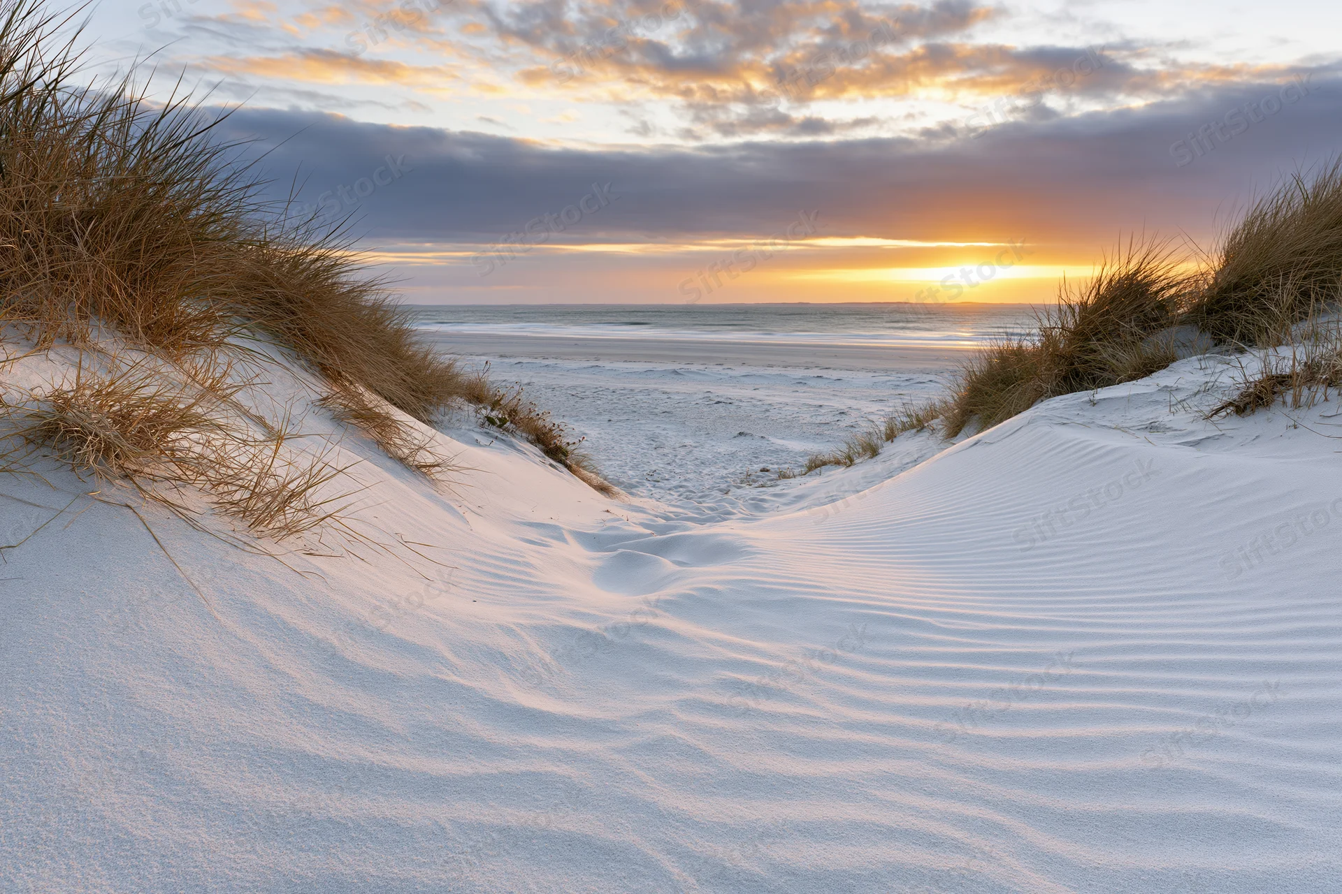 Snow-covered beach dunes at sunset with ocean view