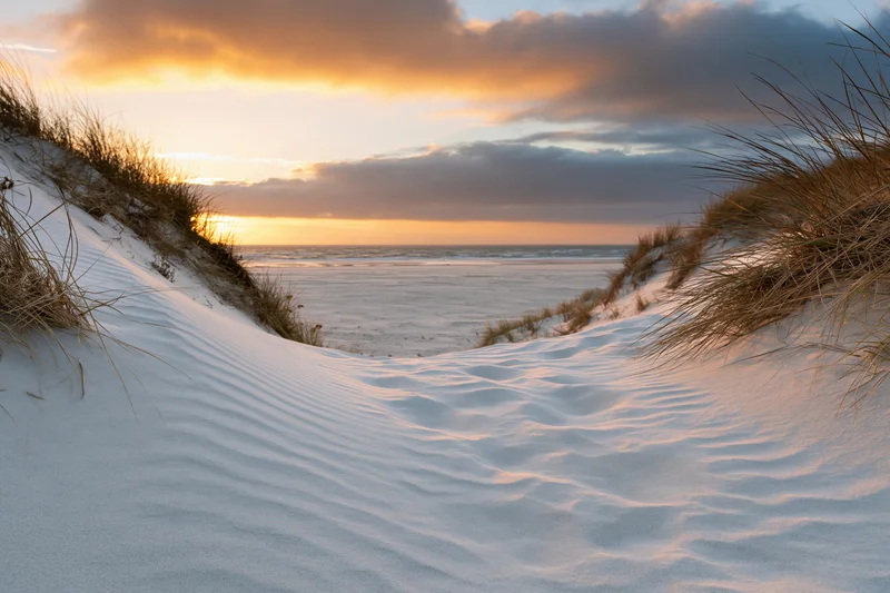 Sandy dunes with beachgrass framing a sunset over the ocean