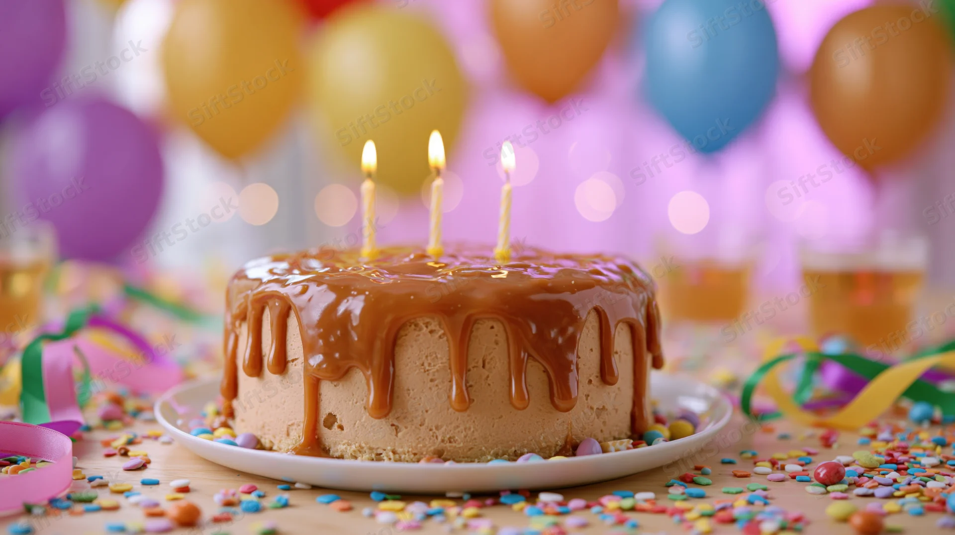 Caramel-dripping birthday cake with lit candles on a table surrounded by balloons and confetti
