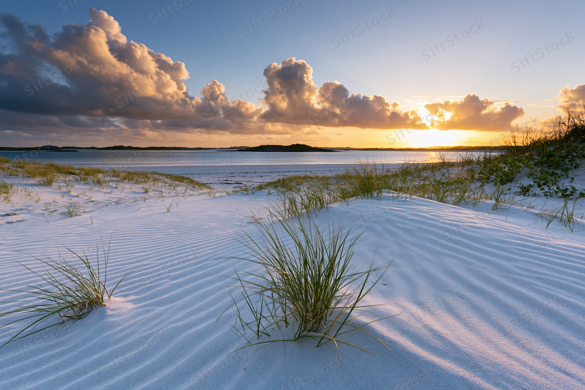 Sunset over white sand dunes with grass and ocean in the background