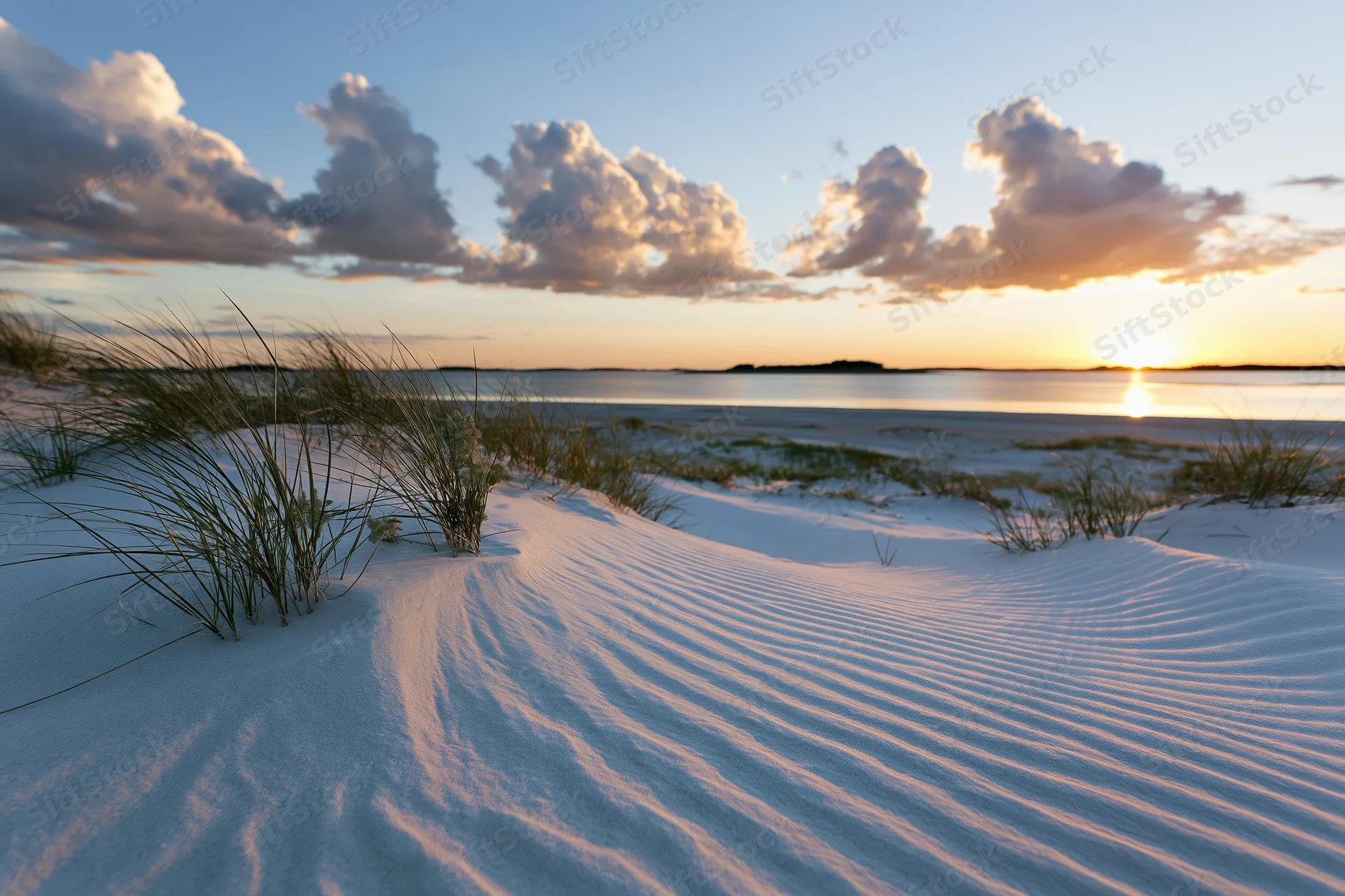 Sunset over sandy dunes with beach grass and ocean horizon