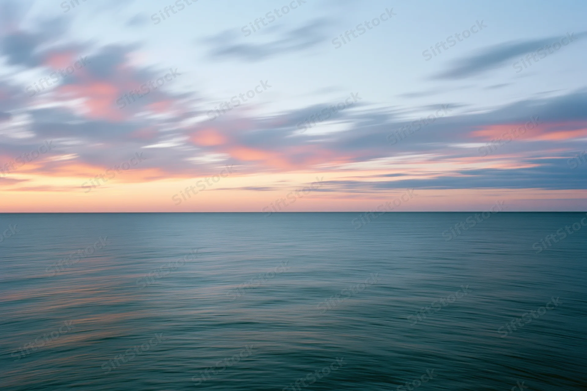 Calm ocean surface under pastel sunset sky at twilight
