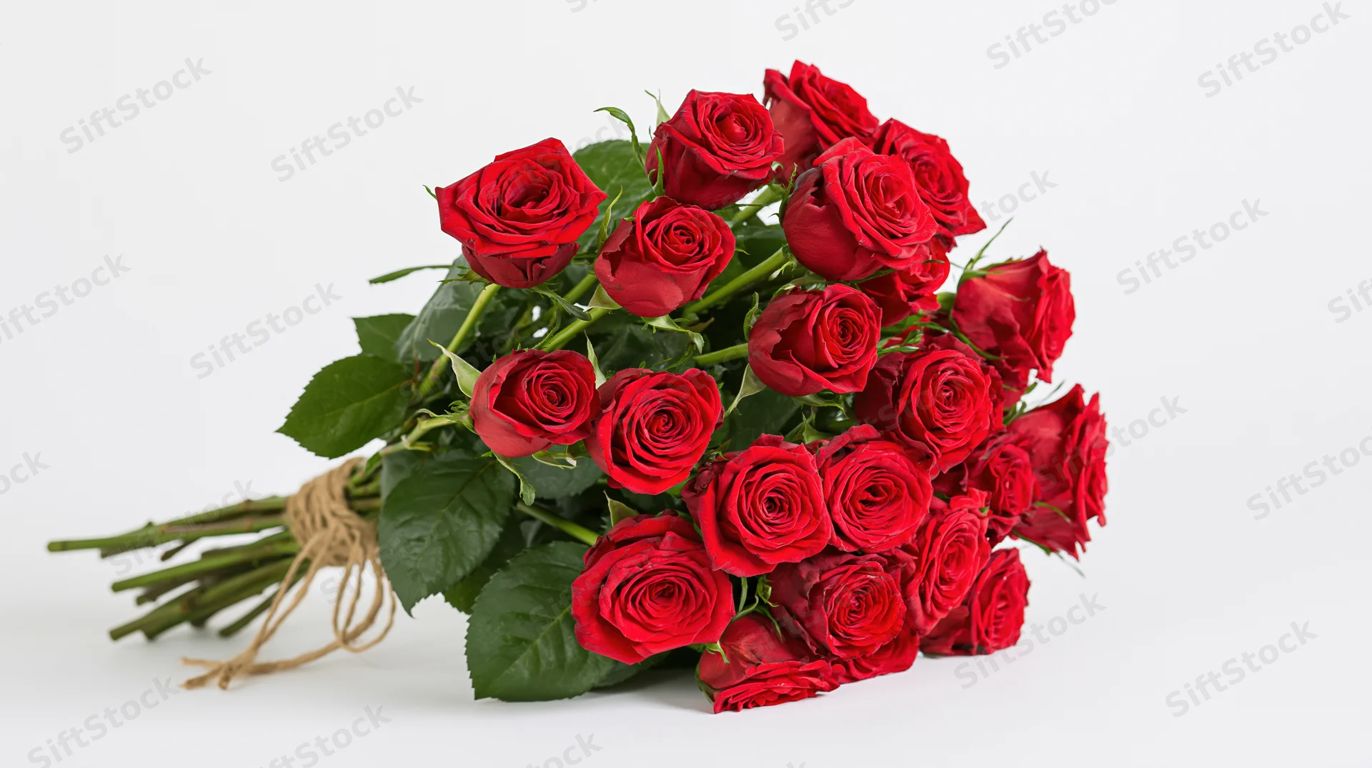 A bouquet of red roses tied with twine resting on a white surface