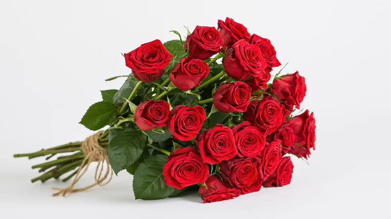 A bouquet of red roses tied with twine resting on a white surface