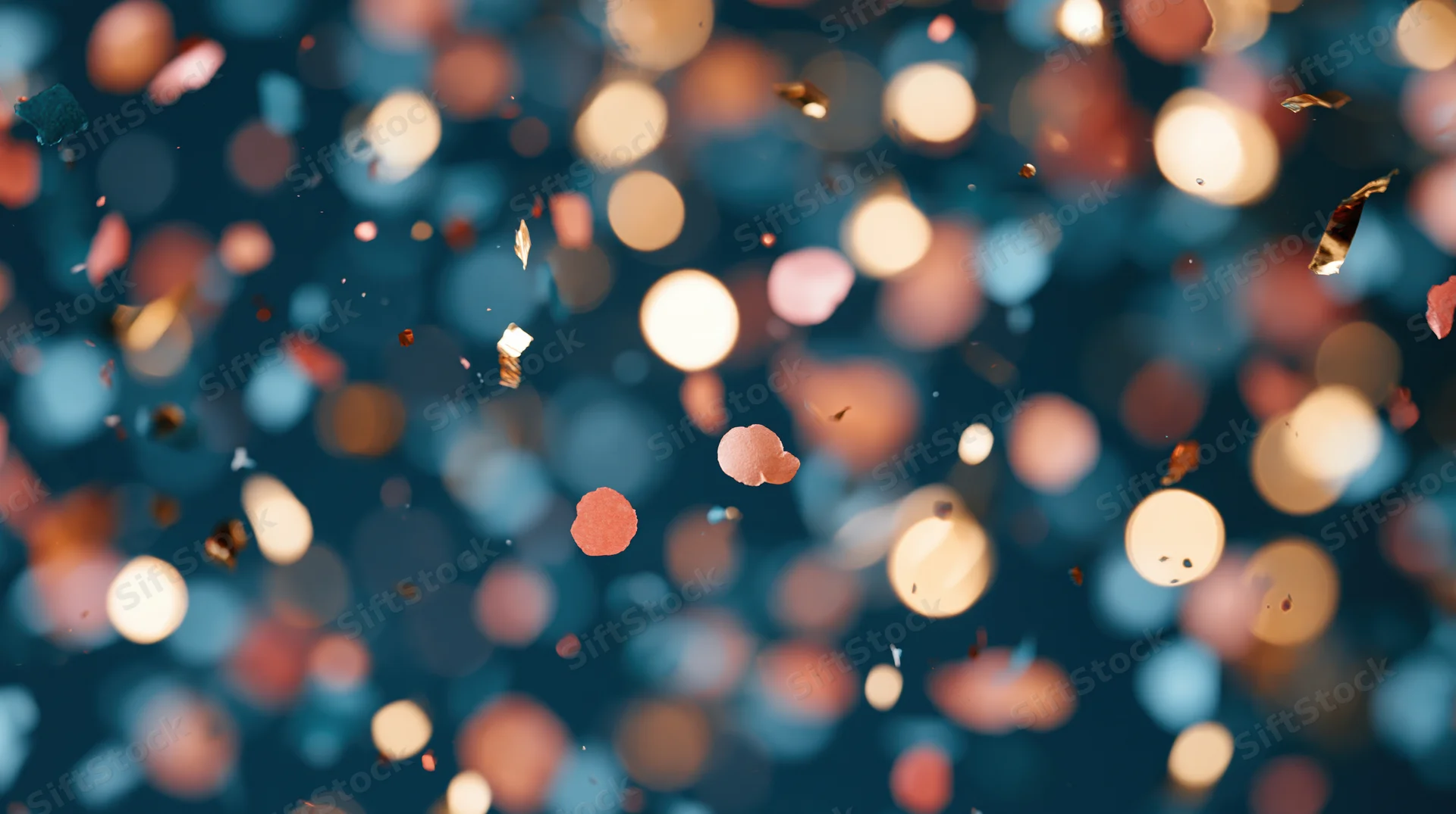 Floating confetti and bokeh lights in dark festive background