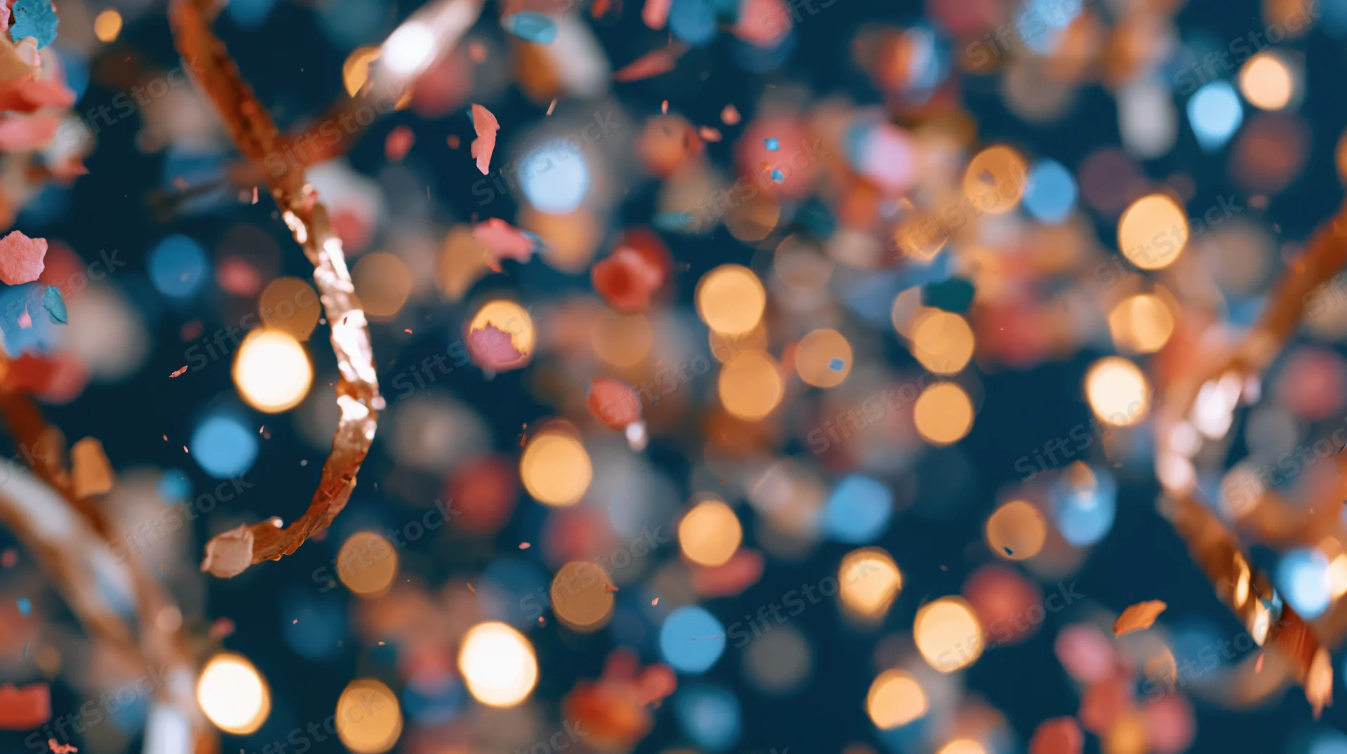 Confetti and bokeh lights floating in the air during a festive celebration at night