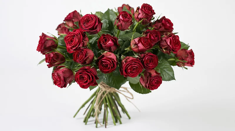 A bouquet of red roses tied with twine against a white background