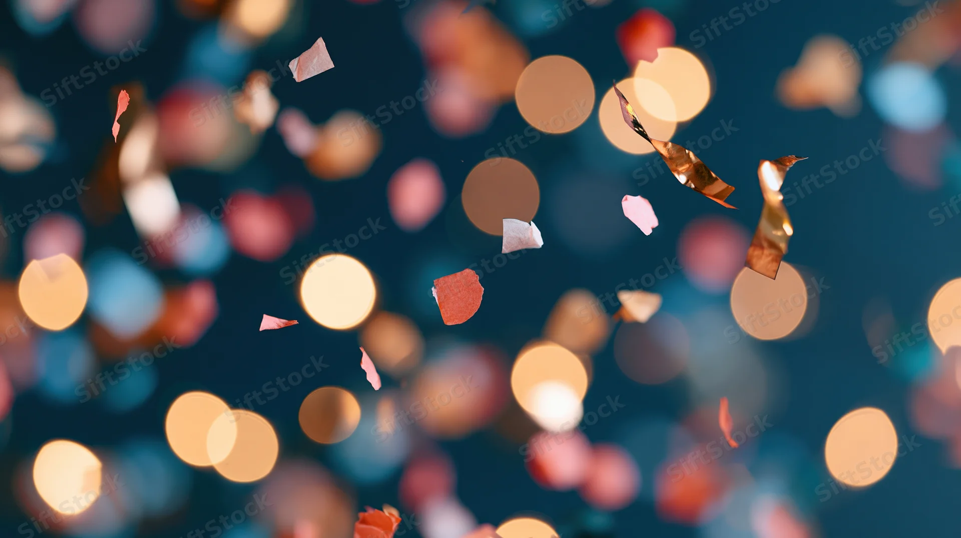 Confetti floating in front of blurred festive lights at night