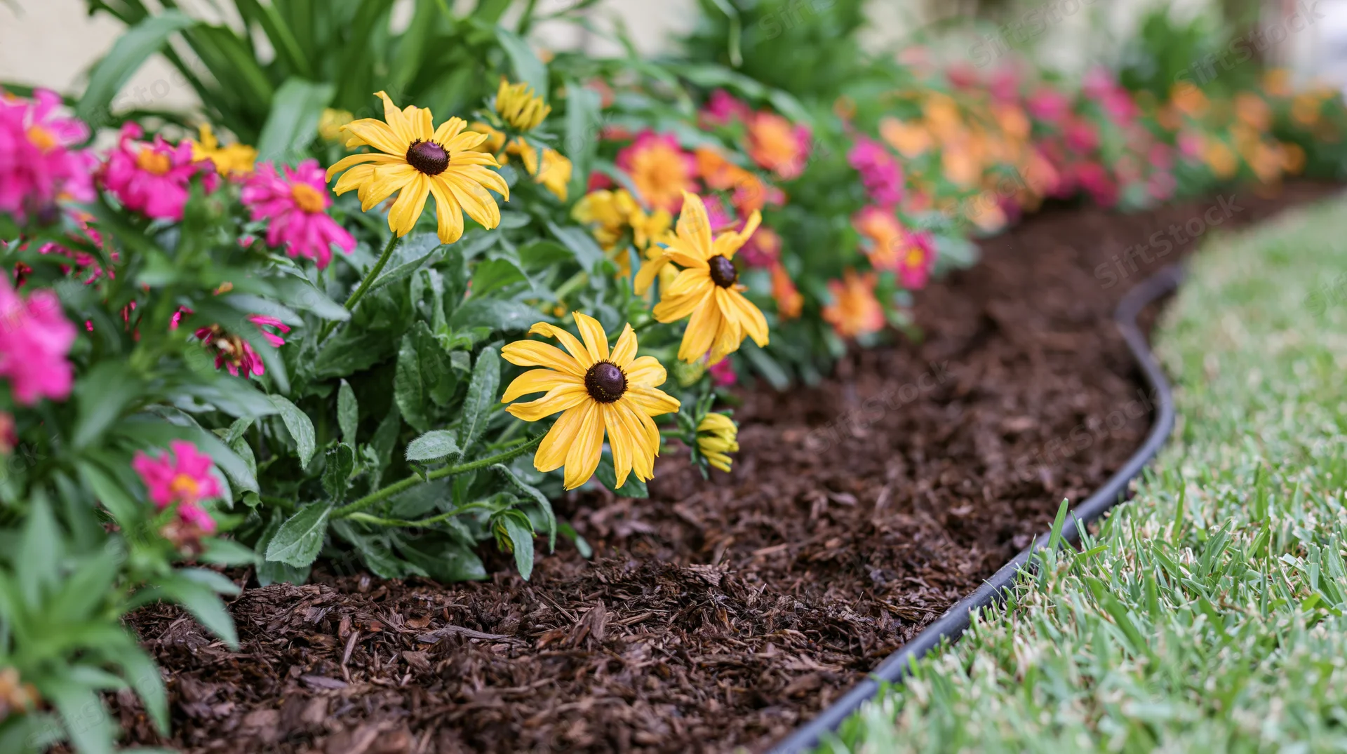 Colorful flowers blooming in a mulched garden bed beside a lawn