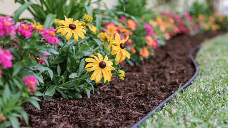 Colorful flowers blooming in a mulched garden bed beside a lawn