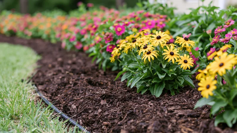 Colorful flowers blooming in a mulched garden bed beside a lawn