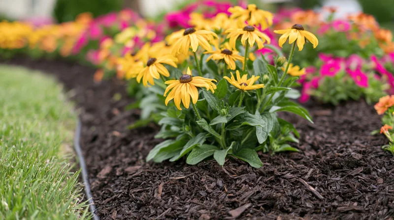 Blackeyed susan flowers blooming in a mulched garden bed beside a lawn