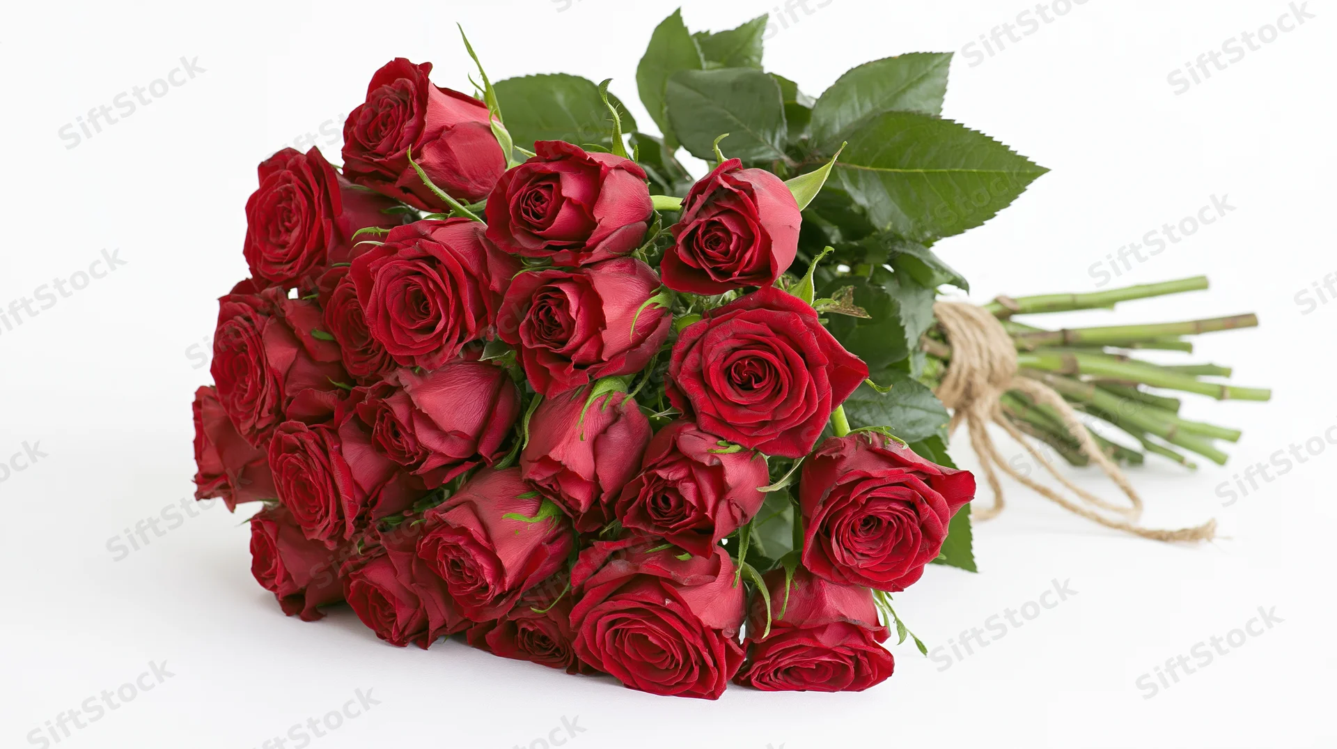 A bouquet of red roses tied with twine on a white background