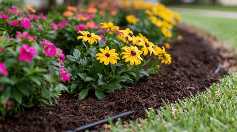 Colorful flowers blooming in a mulched garden bed beside a lawn