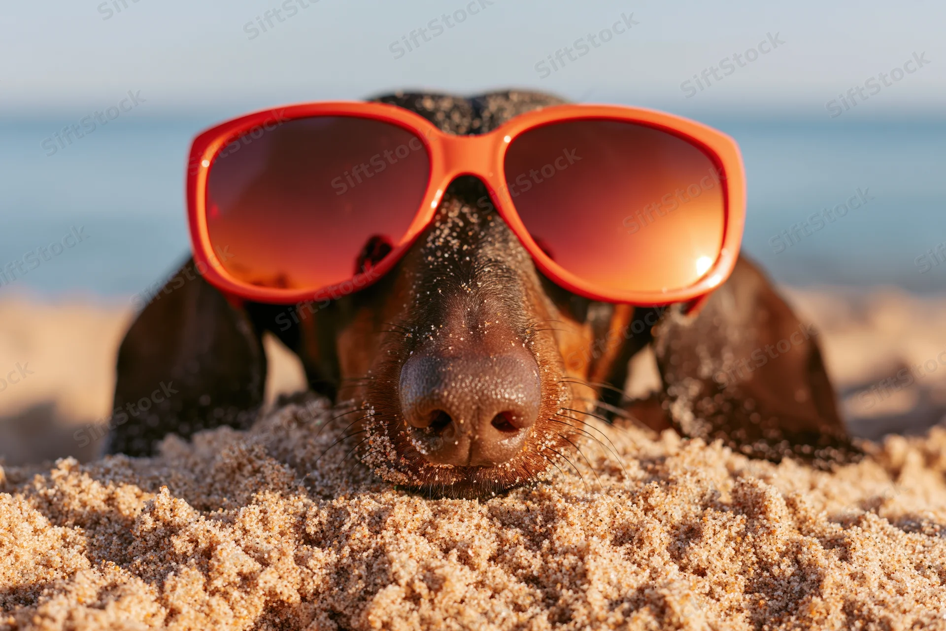 Dachshund wearing orange sunglasses lying in sand on beach with ocean in background