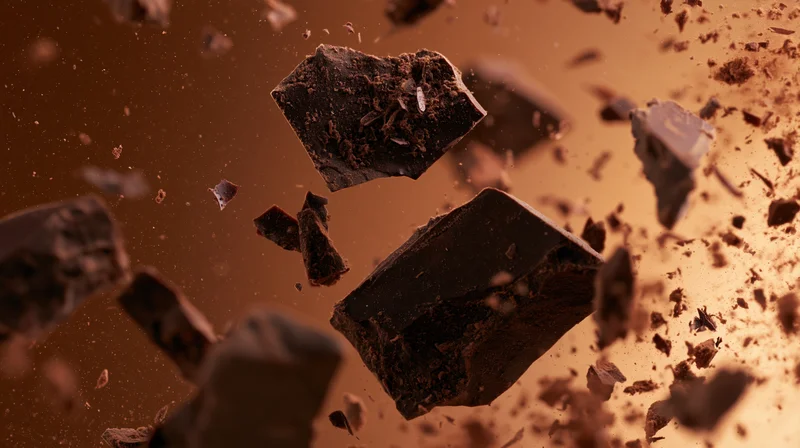 Dark chocolate pieces suspended in midair against a warm brown backdrop