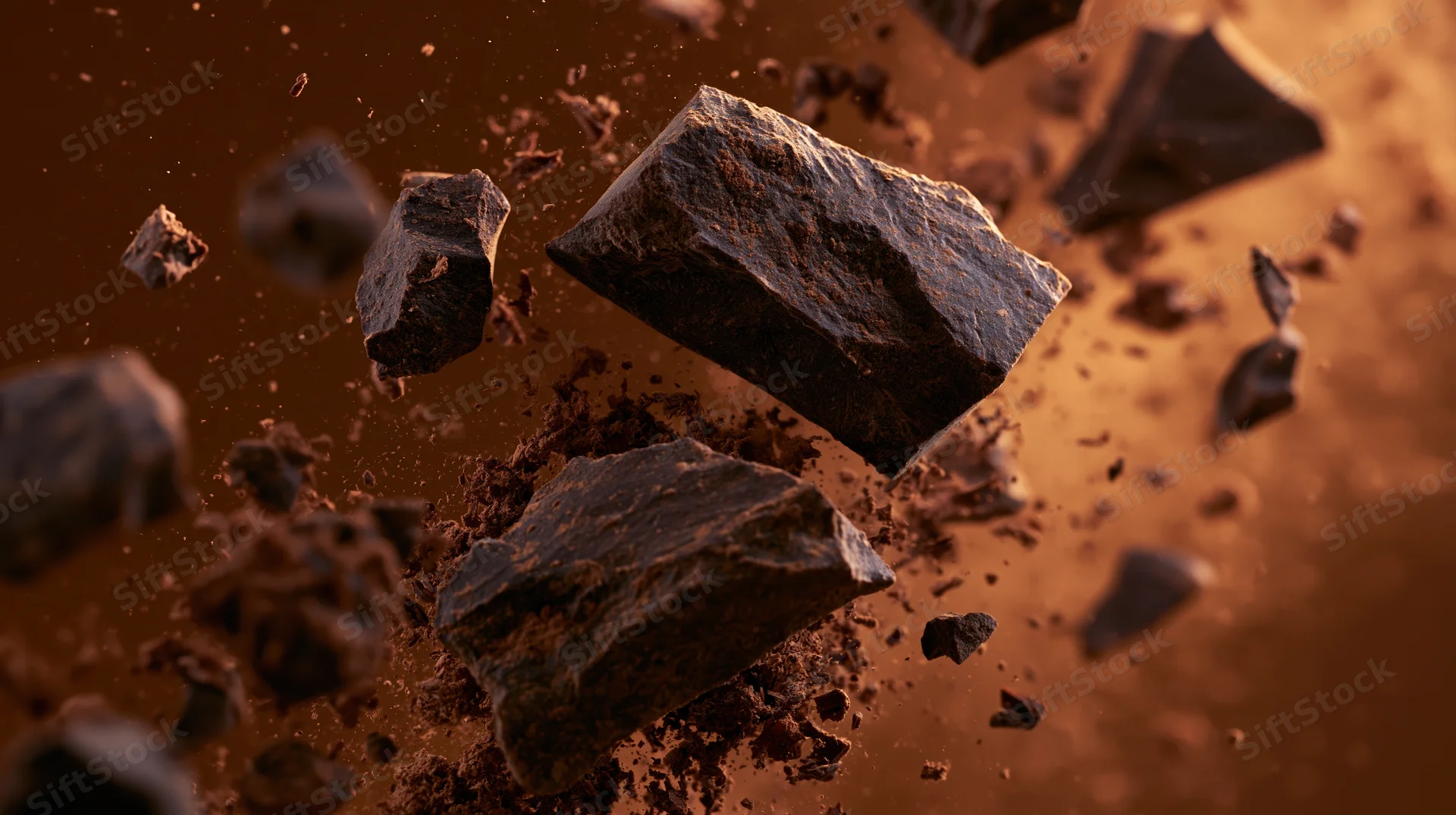 Dark chocolate pieces suspended in midair with crumbs and dust flying around them