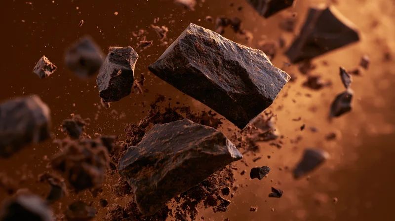 Dark chocolate pieces suspended in midair with crumbs and dust flying around them