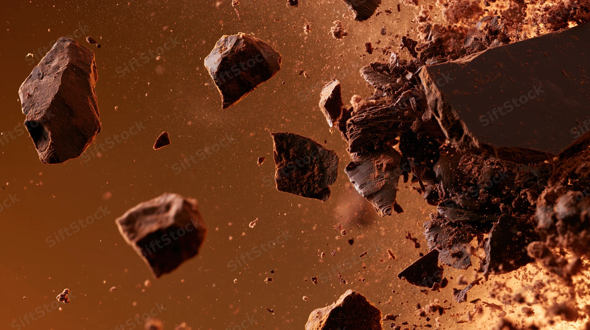 Dark chocolate pieces breaking apart and flying through air in slow motion against warm brown background