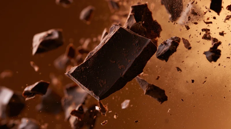 Dark chocolate pieces flying in midair against a brown background