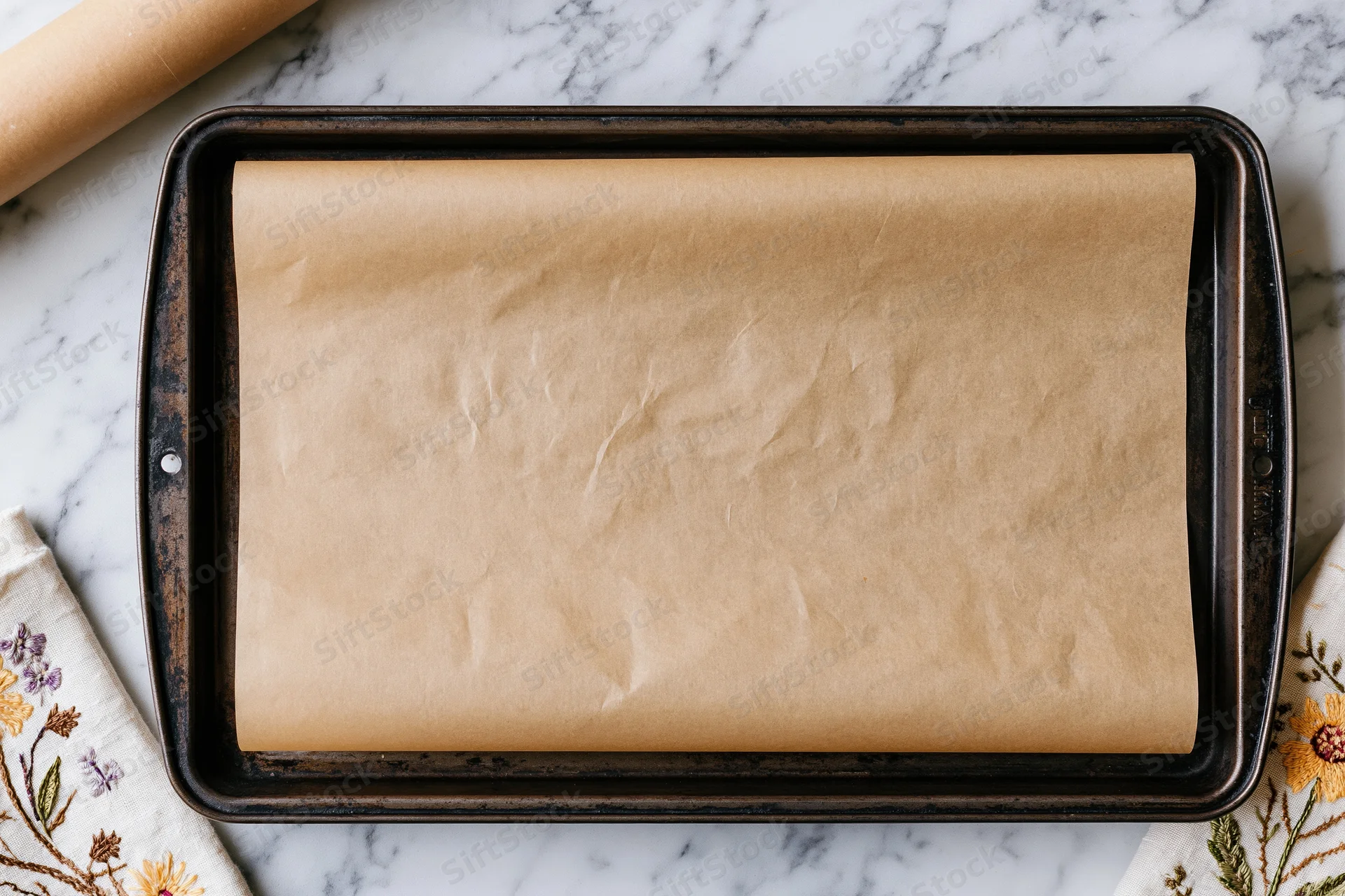 Parchment paper lining a baking tray on a marble countertop with embroidered cloth and rolling pin nearby