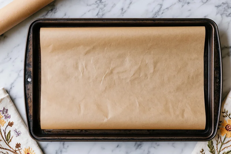 Parchment paper lining a baking tray on a marble countertop with embroidered cloth and rolling pin nearby
