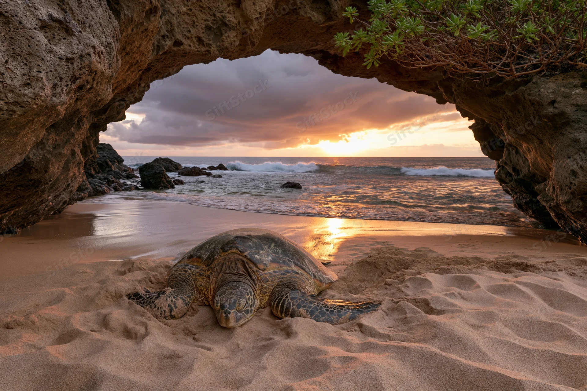 Hawksbill turtle resting on sandy beach under rock arch at sunset overlooking ocean waves