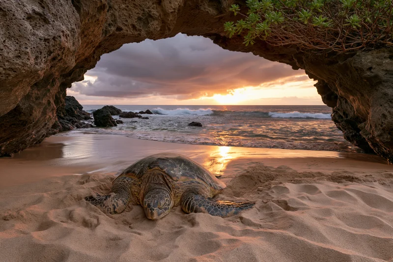 Hawksbill turtle resting on sandy beach under rock arch at sunset overlooking ocean waves