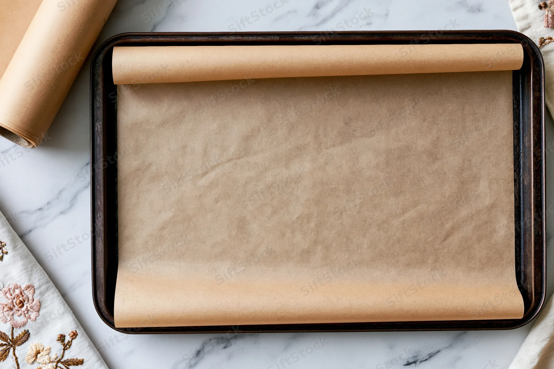Parchment paper laid on a baking tray on a marble countertop