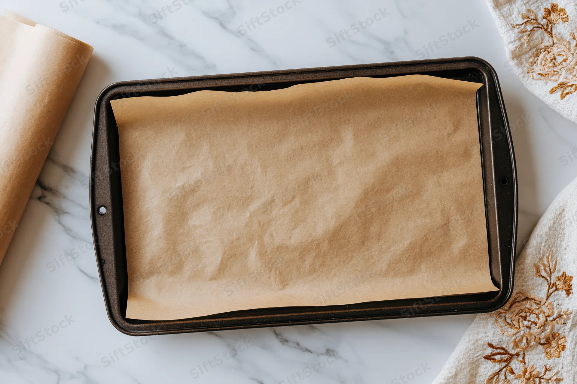 Parchment paper lining a loaf pan on a marble countertop